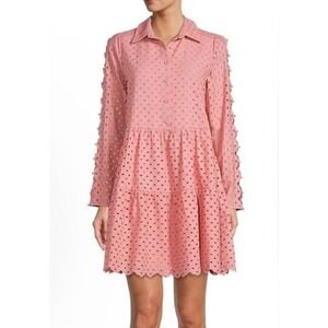 Antonio Melani Pink Eyelet Babydoll Mini Dress Scalloped Hem Long Sleeve Sz 14